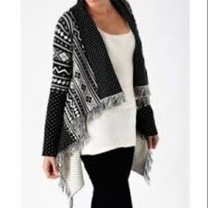 QUIKSILVER X-Small / Small Black White Open Cardigan Fringe Aztec Polka Dot Cozy